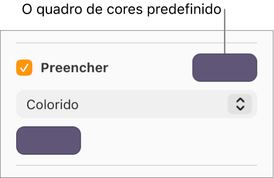 A caixa de seleção Preenchimento está marcada, e o seletor de cores predefinidas à direita da caixa de seleção está preenchido com a cor roxa. Abaixo da caixa de seleção, Colorido está escolhido em um menu pop-up.