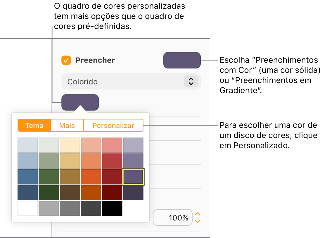Colorido está selecionado no menu pop-up abaixo da caixa de seleção Preenchimento, e o seletor de cores abaixo do menu pop-up mostra opções adicionais de preenchimento de cor.