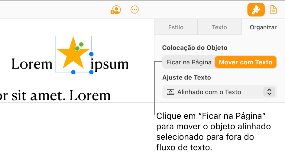 Uma imagem embutida dentro do corpo do documento é selecionada e um botão Permanecer na página fica visível na aba Organizar na barra lateral.