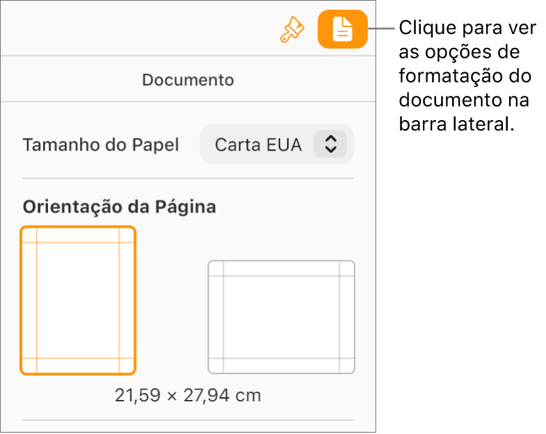 O botão Documento é selecionado na barra de ferramentas e os controles para alterar o tamanho e a orientação do papel aparecem na aba Documento da barra lateral.