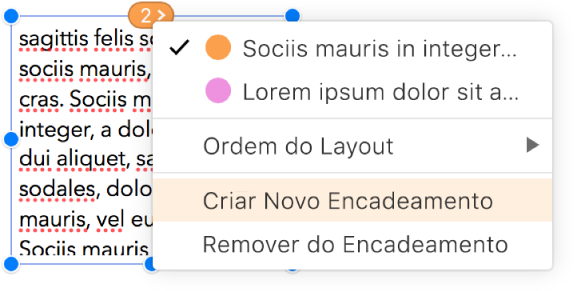 A segunda caixa de texto de um encadeamento está selecionada, e um menu pop-up ao lado do círculo na parte superior da caixa de texto está aberto. No menu pop-up, o item de menu Criar novo encadeamento está selecionado.