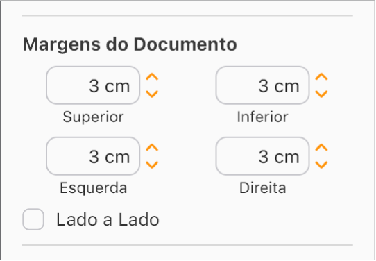 A seção Margens do Documento da barra lateral do Documento, com controles para definir as margens Superior, Inferior, Esquerda e Direita.