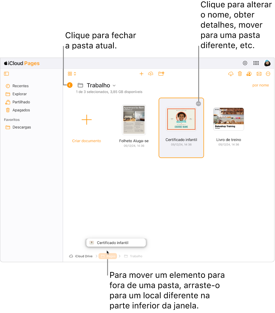 O gestor de documentos na vista de navegação com um documento a ser arrastado para um novo local (a pasta do Pages) na parte inferior da janela. Por baixo da barra de ferramentas, aparece o botão “Anterior” à esquerda do nome da pasta atual (Trabalho).