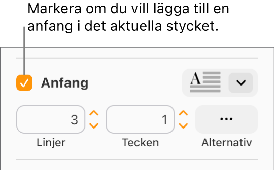 Kryssrutan Anfang är markerad och en popupmeny visas till höger om den, reglage för att ange radavstånd, antal tecken och andra alternativ visas under den.