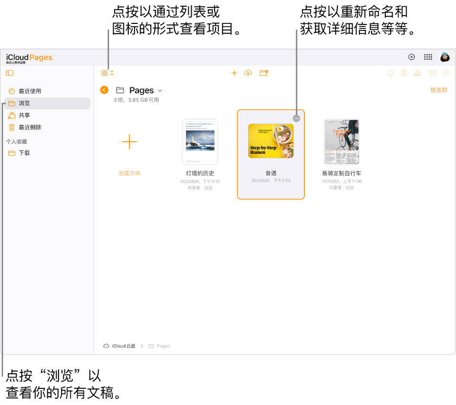 处于浏览视图的文稿管理器,在网格中以图标形式显示 Pages 文稿。在选中的文稿右上角可以看到“更多”按钮(三个圆点)。在文稿上方,工具栏左侧的弹出式菜单可用于选取以将项目显示为图标或列表。工具栏右侧的按钮可用于下载、协作、发送电子邮件或删除。