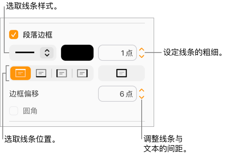 “格式”边栏的“布局”标签中的“段落边框”复选框已选中,用于更改线条样式、颜色、粗细、位置以及与文本之间偏移的控制显示在复选框下方。