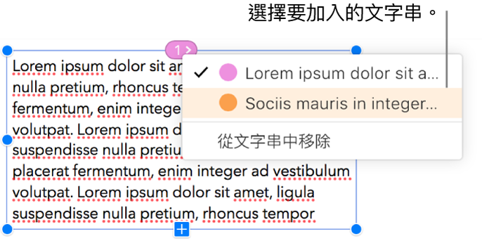 已選取文字串中的第一個文字框,最上方圓圈旁的彈出式選單已打開。在彈出式選單中,此文字框所屬的文字串旁會顯示註記符號。