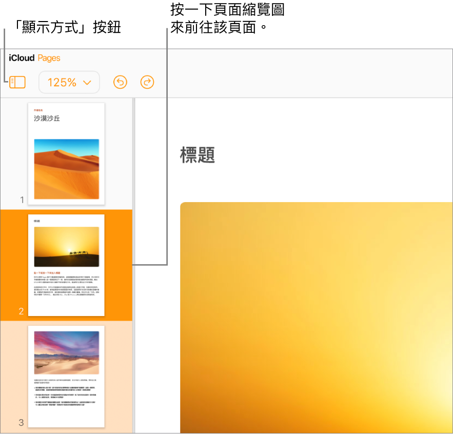 畫面左側的「頁面縮覽圖」,已選取一個頁面。「顯示方式」按鈕位於縮覽圖上方的工具列中。