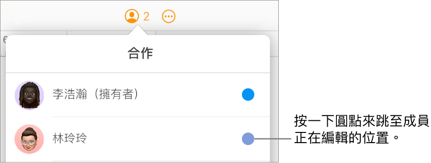 「合作」選單打開,顯示兩位參與者,各名稱右側有不同顏色的圓點。