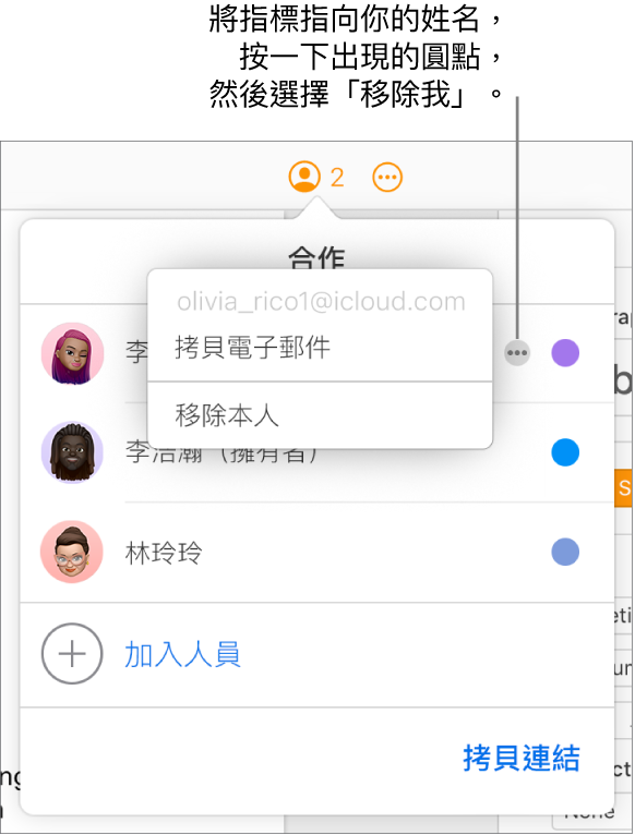 打開「合作」選單,按一下第一位參與者右側的「更多」按鈕,顯示「移除我」選項可用。