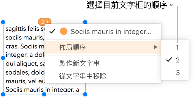 已選取一個連結的文字框,最上方圓圈旁的彈出式選單已打開。已在彈出式選單中選取「佈局順序」選單項目,且第二個彈出式選單顯示數字 1、2 及 3,而 2 的旁邊顯示註記符號,代表這是文字串中的第二個文字框。