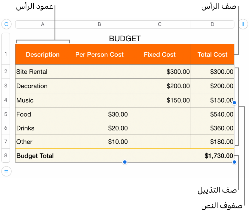 جدول يعرض أعمدة وصفوف الرأس، والمحتوى، والتذييل، والمقابض لإضافة الصفوف والأعمدة أو حذفها.