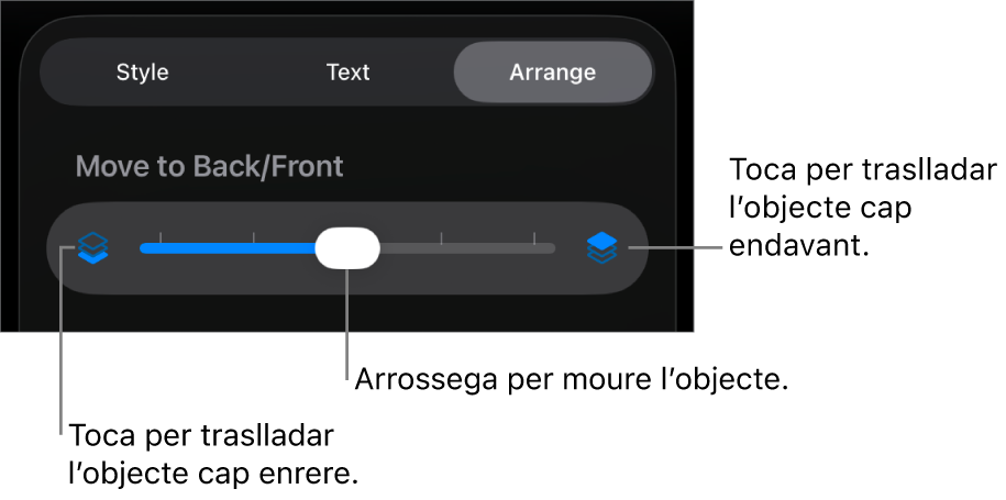 El botó de retrocedir, el botó d’avançar i el regulador de capes.