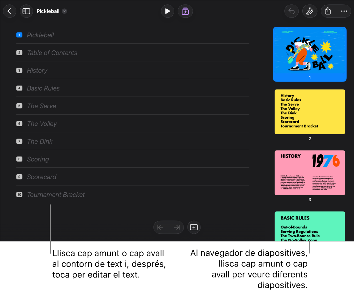 Visualització en esquema amb el contorn de text d’una presentació a la part esquerra de la pantalla i el navegador de diapositives vertical a la part dreta.