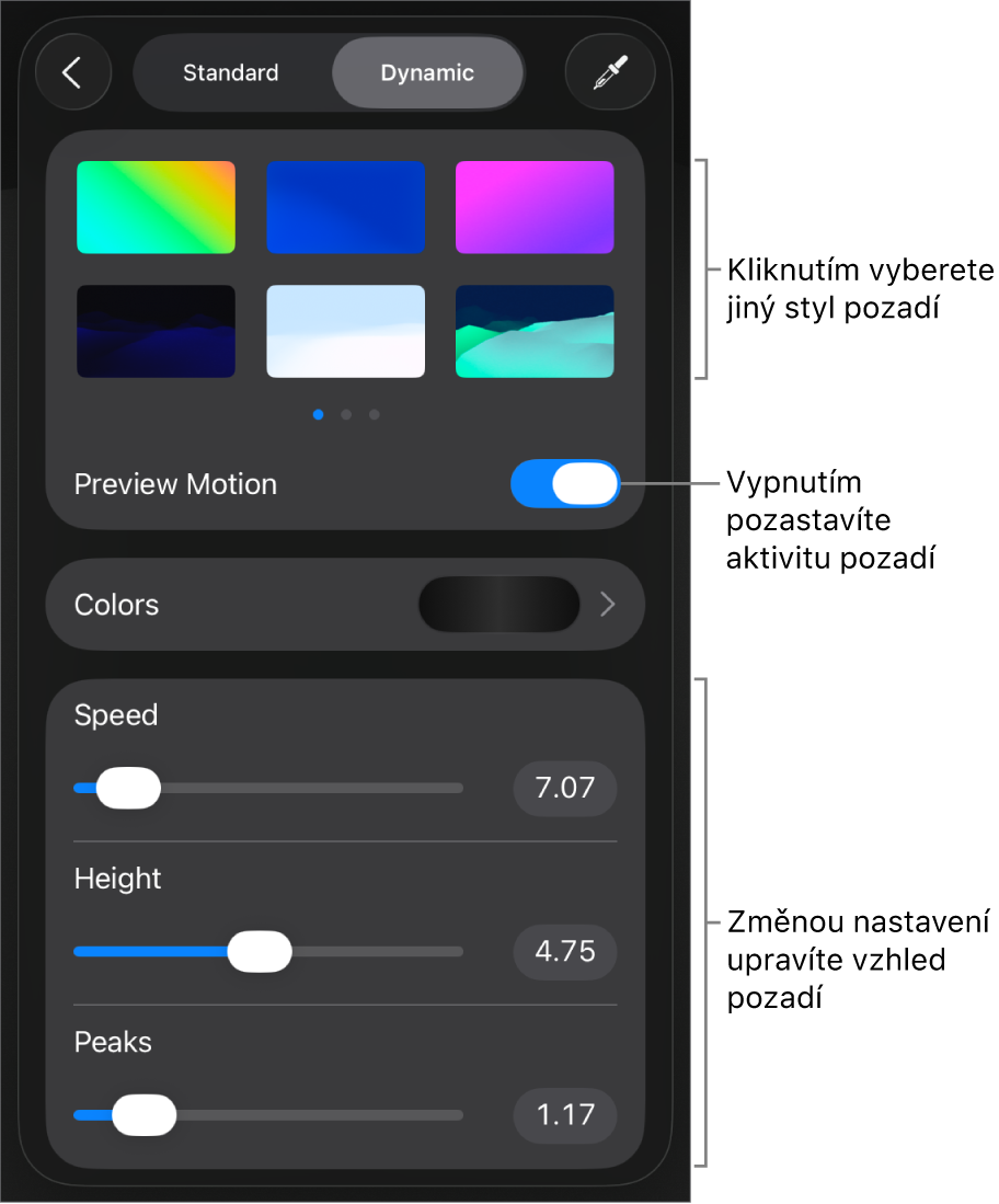 Ovládací prvky pro dynamická pozadí s miniaturami stylů pozadí, tlačítkem Náhled pohybu a ovládacími prvky pro přizpůsobení