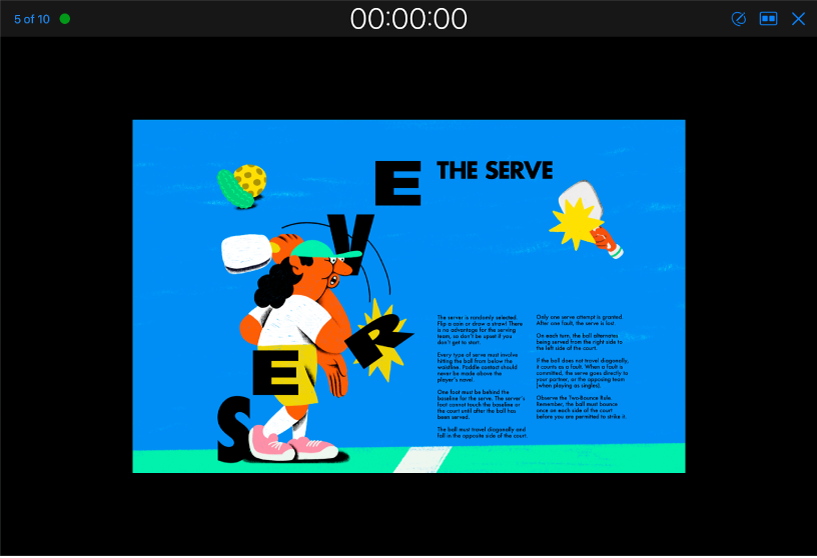 Die App „Keynote“ zeigt die Moderatoransicht. Die aktuelle Folie wird in der Mitte der Bildschirms angezeigt. Oben auf dem Bildschirm wird eine Symbolleiste angezeigt, in der links die Folienanzahl, in der Mitte der Präsentationstimer und rechts die Tasten „Zeichnen“, „Layout“ und „Verlassen“ zu sehen sind.
