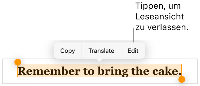 Ein Satz ist ausgewählt und darüber befindet sich ein Kontextmenü mit den Optionen „Kopieren“ und „Bearbeiten“.