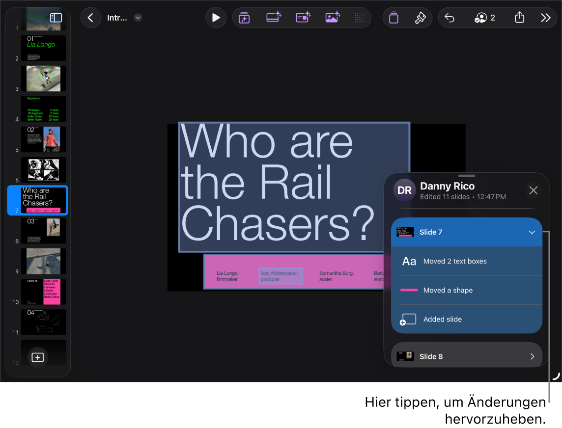 Eine gemeinsame Präsentation mit der geöffneten Aktivitätenliste.