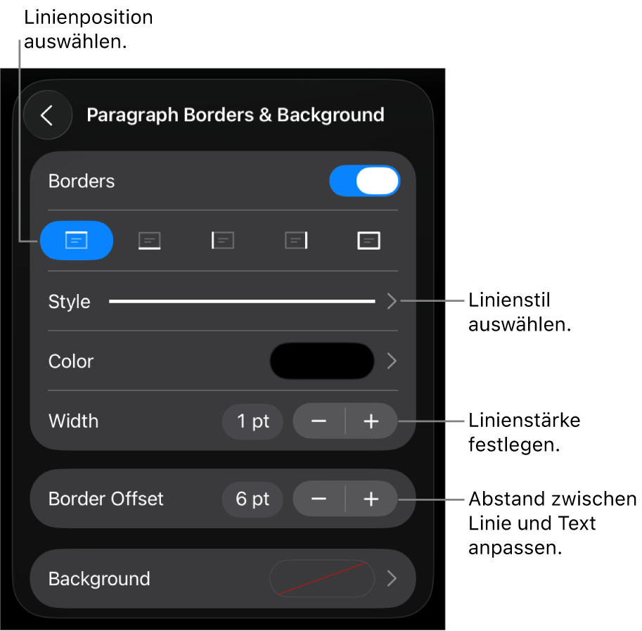 Steuerelemente, um Stil, Stärke, Position und Farbe der Linie zu ändern.