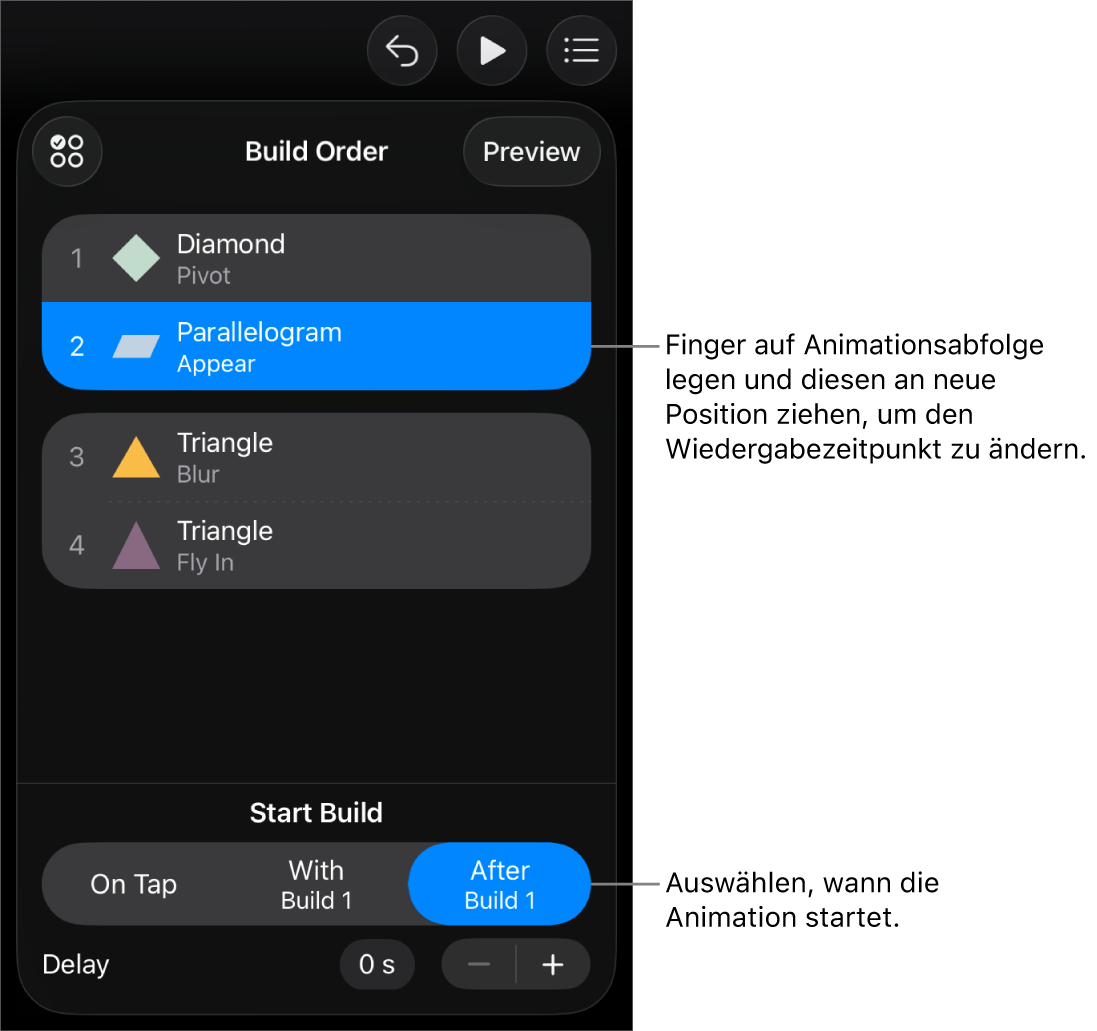 In der Liste „Animationsabfolge“ werden die Aufbaueffekte mit gelben Badges und die Abbaueffekte mit grauen Badges angezeigt