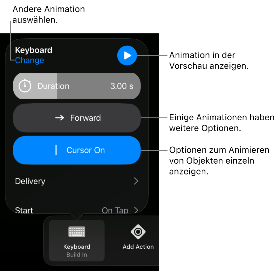 Animationsoptionen wie „Dauer“, „Ablauf“ und „Start“. Tippe auf „Ändern“, um eine andere Animation zu wählen, oder tippe auf „Vorschau“, um eine Vorschau der Animation anzuzeigen.