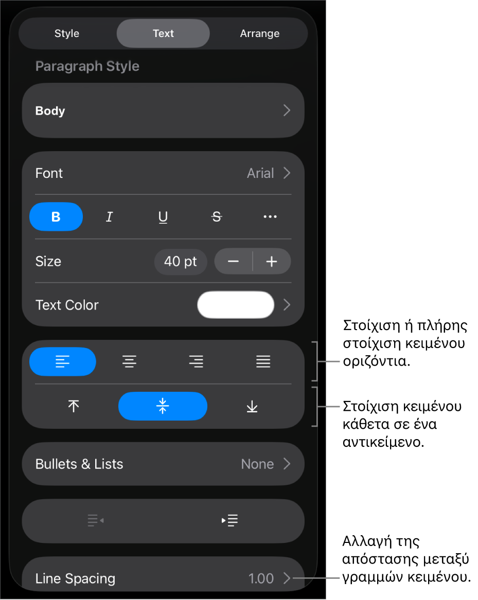 Το τμήμα «Διάταξη» με επεξηγήσεις στα κουμπιά στοίχισης και απόστασης κειμένου.