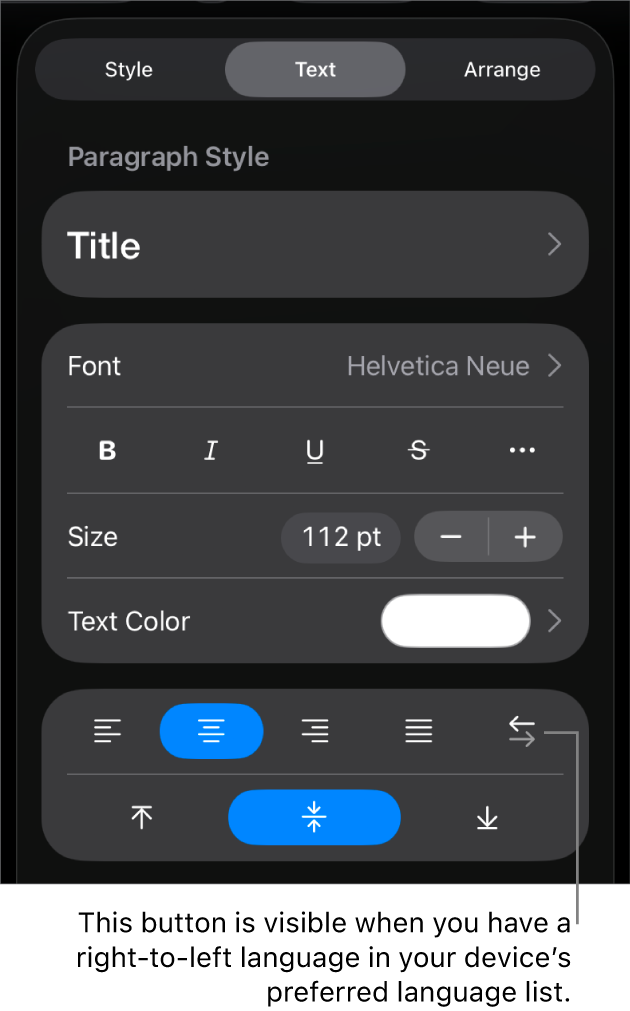 Text controls in the Format menu, with a call-out to the Left to Right button.