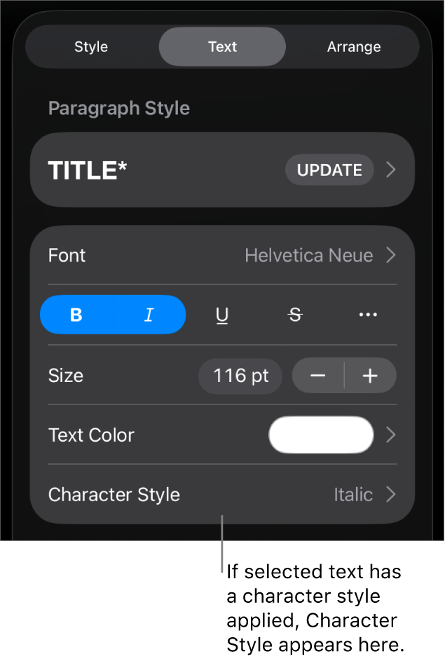 The Text formatting controls with Character Style below the Colour controls. The character style None appears with an asterisk.
