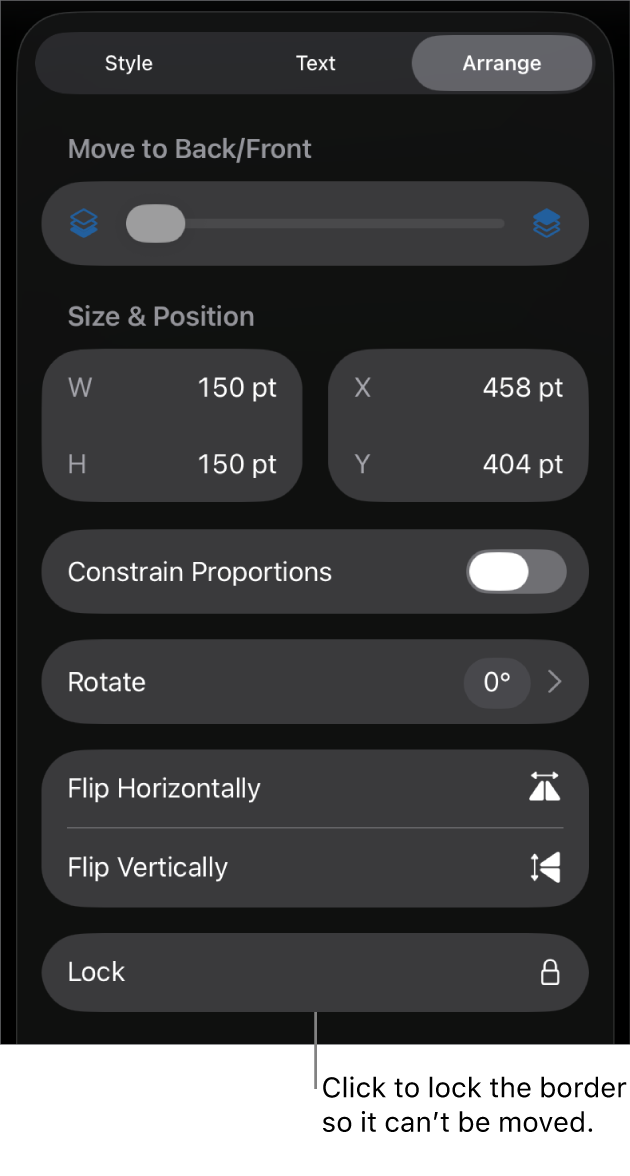 The Arrange controls in the Format menu with the Lock button called out.