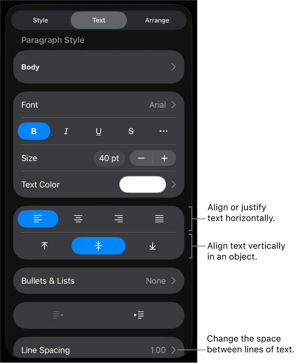 The Layout pane with callouts to the text alignment and spacing buttons.