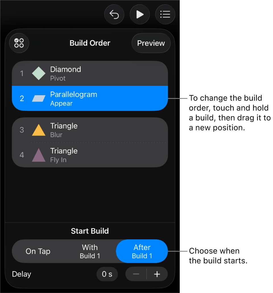 The Build Order list showing build-in effects with yellow badges and build-out effects with grey badges.