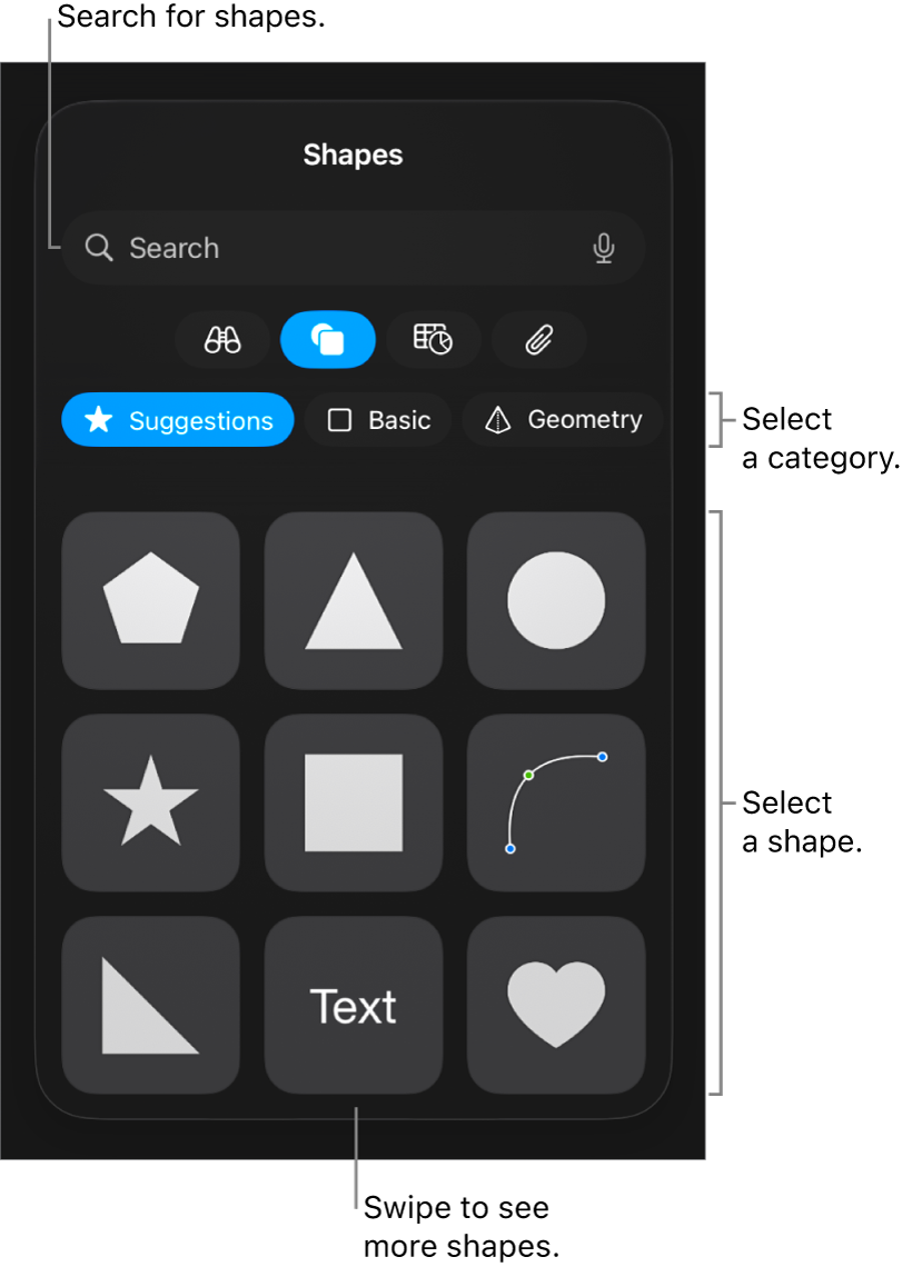 The shapes library, with categories at the top and shapes displayed below. You can use the search field at the top to find shapes and swipe to see more.