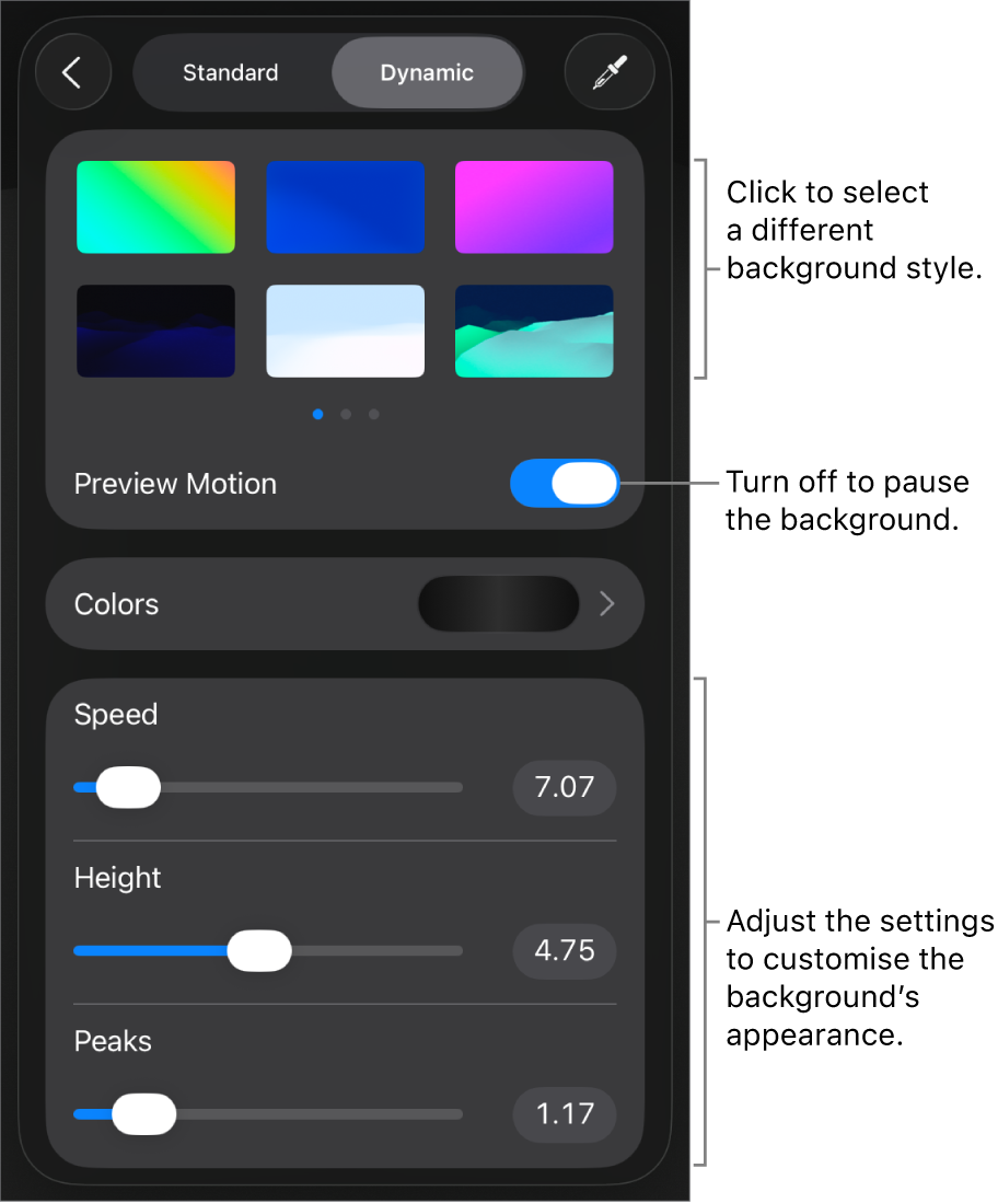 The dynamic background controls with the background style thumbnails, Preview Motion button and customisation controls displayed.