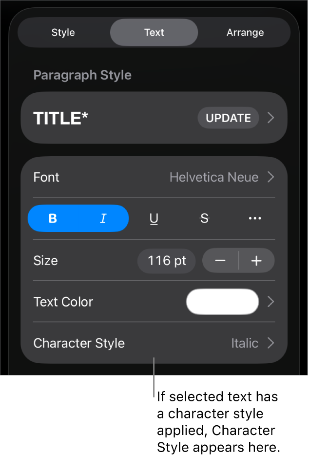 The Text formatting controls with Character Style below the Color controls. The character style None appears with an asterisk.