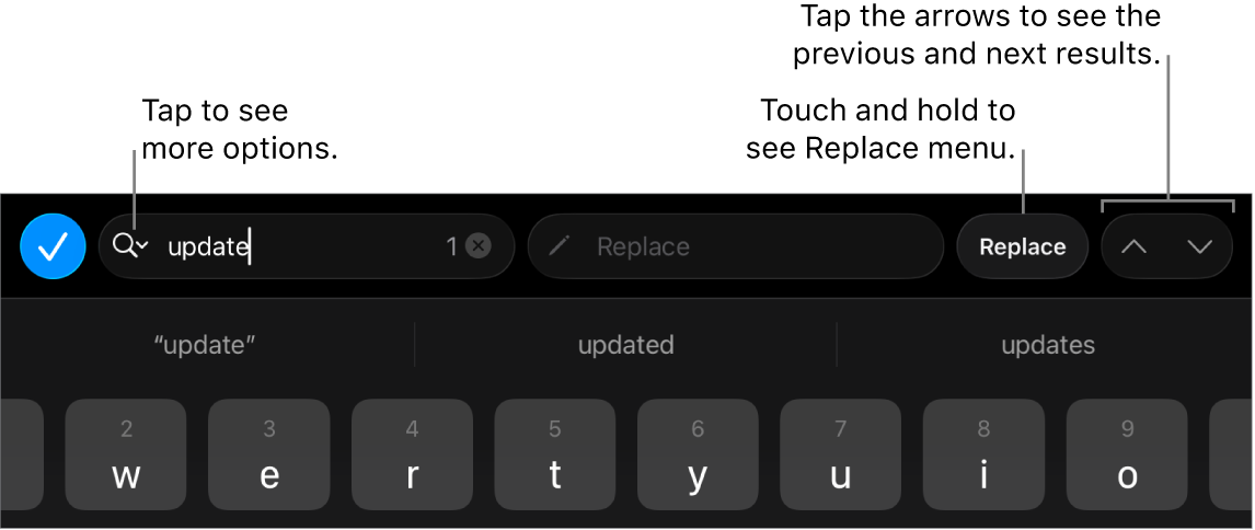The Find & Replace controls above the keyboard with callouts to the Search Options, Replace, Go Up, and Go Down buttons.