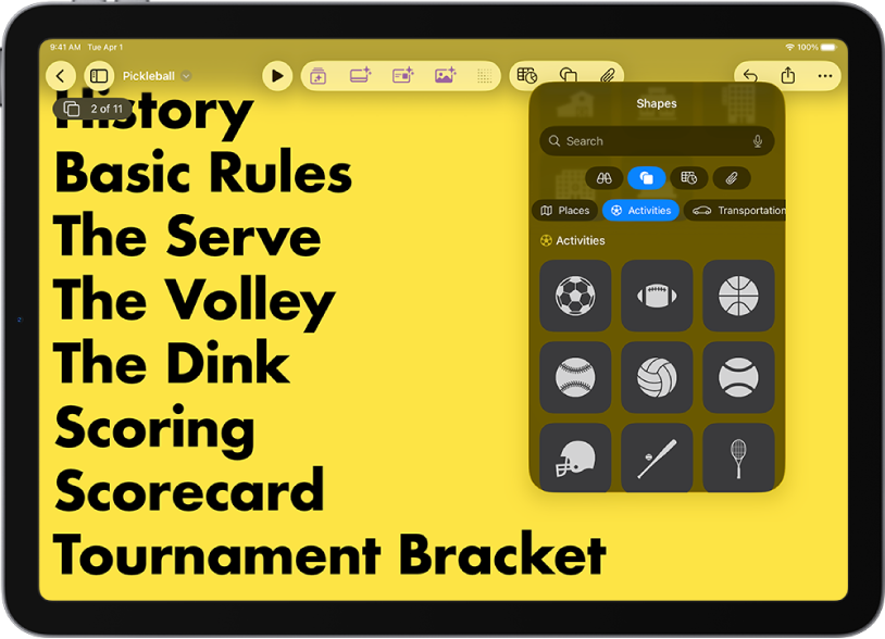 The Insert menu with buttons across the top to add tables, charts, shapes, and media.