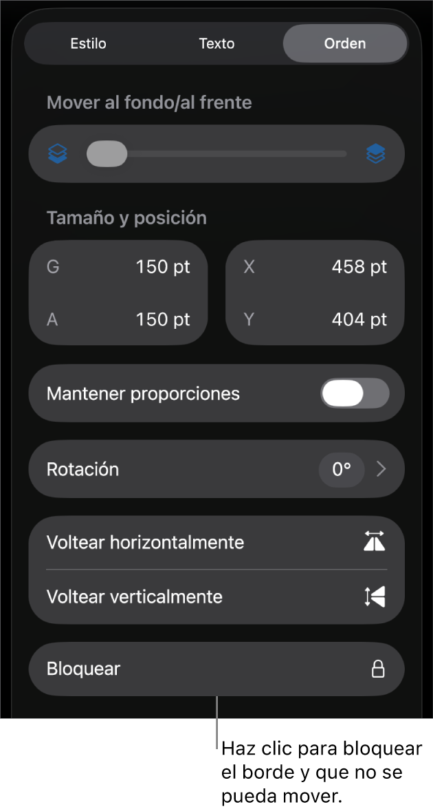 Los controles Disposición del menú Formato con un mensaje en la opción Bloquear.