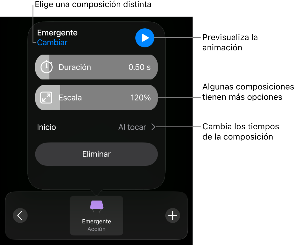 Las opciones de composición incluyen los tiempos de Duración e Inicio. Toca Cambiar para seleccionar una composición distinta, o toca Vista previa para obtener una vista previa de la composición.