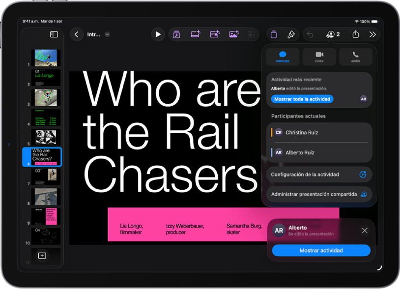 El menú de colaboración mostrando los nombres de las personas que colaboran en la presentación.