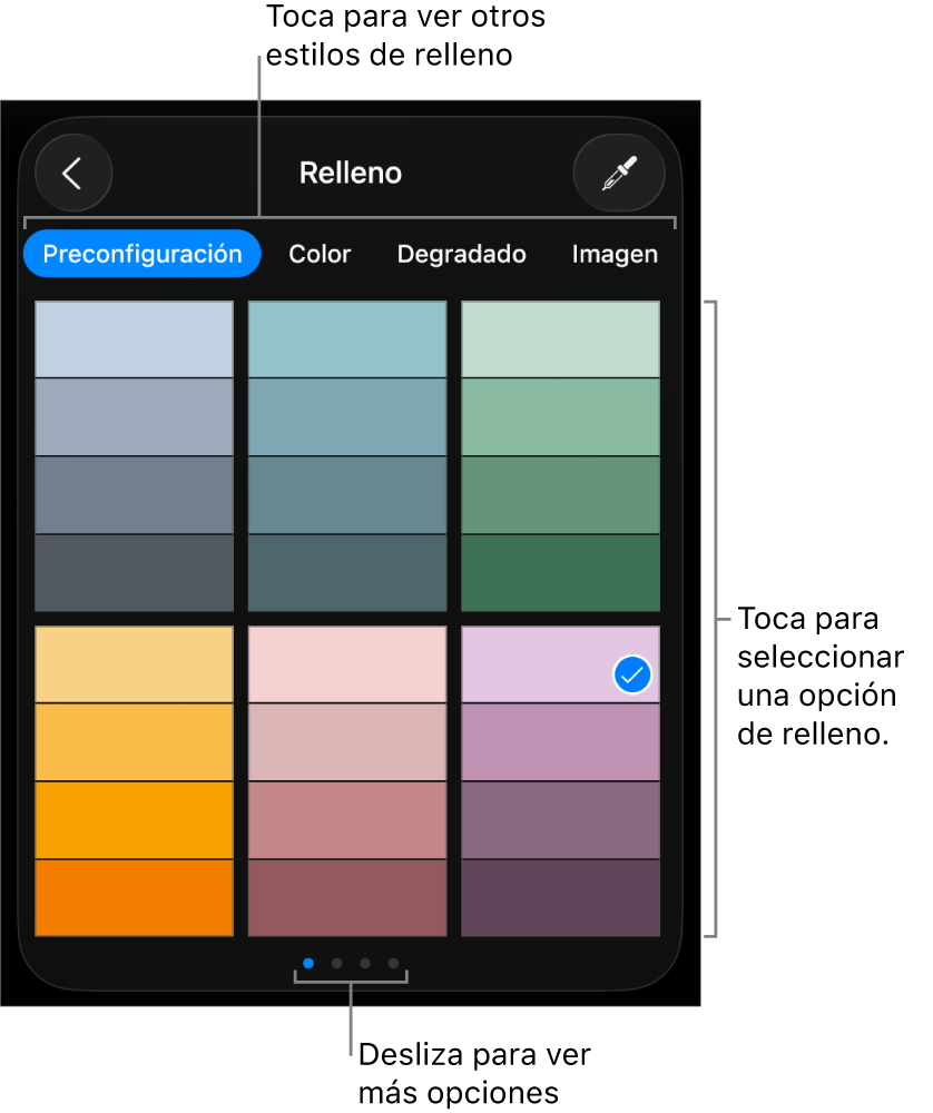 Opciones de relleno en la pestaña Estilo.