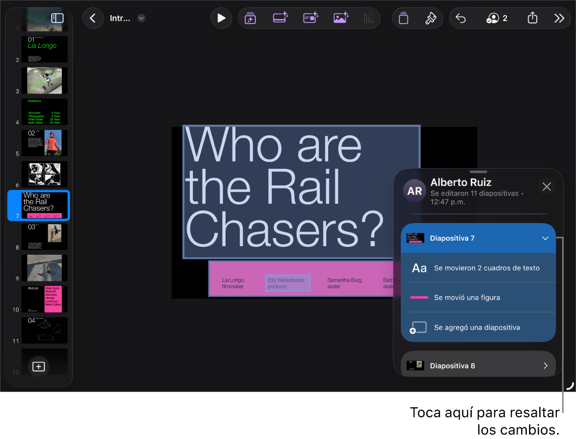 Una presentación colaborativa con la lista de actividad abierta.