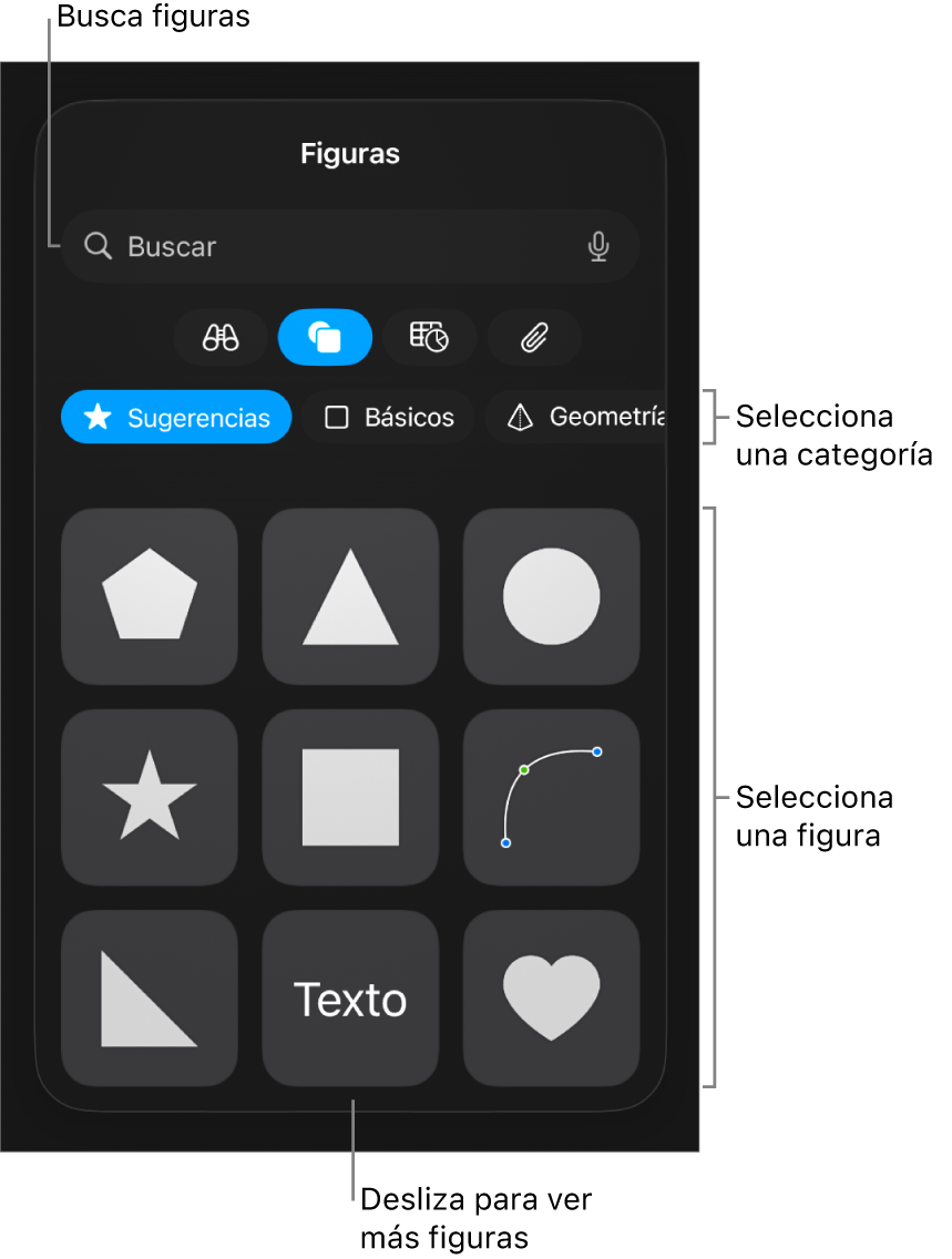 La biblioteca de figuras, con las categorías en la parte superior y las figuras mostradas abajo. Puedes usar el campo de búsqueda de la parte superior para buscar figuras o deslizar para ver más.