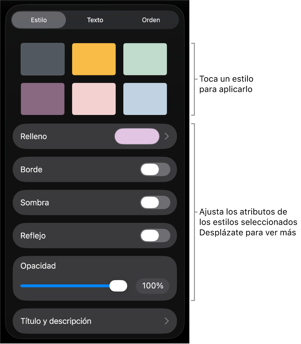 La pestaña Estilo del menú Formato con estilos de objeto en la parte superior y controles debajo para cambiar el borde, la sombra, el reflejo y la opacidad.
