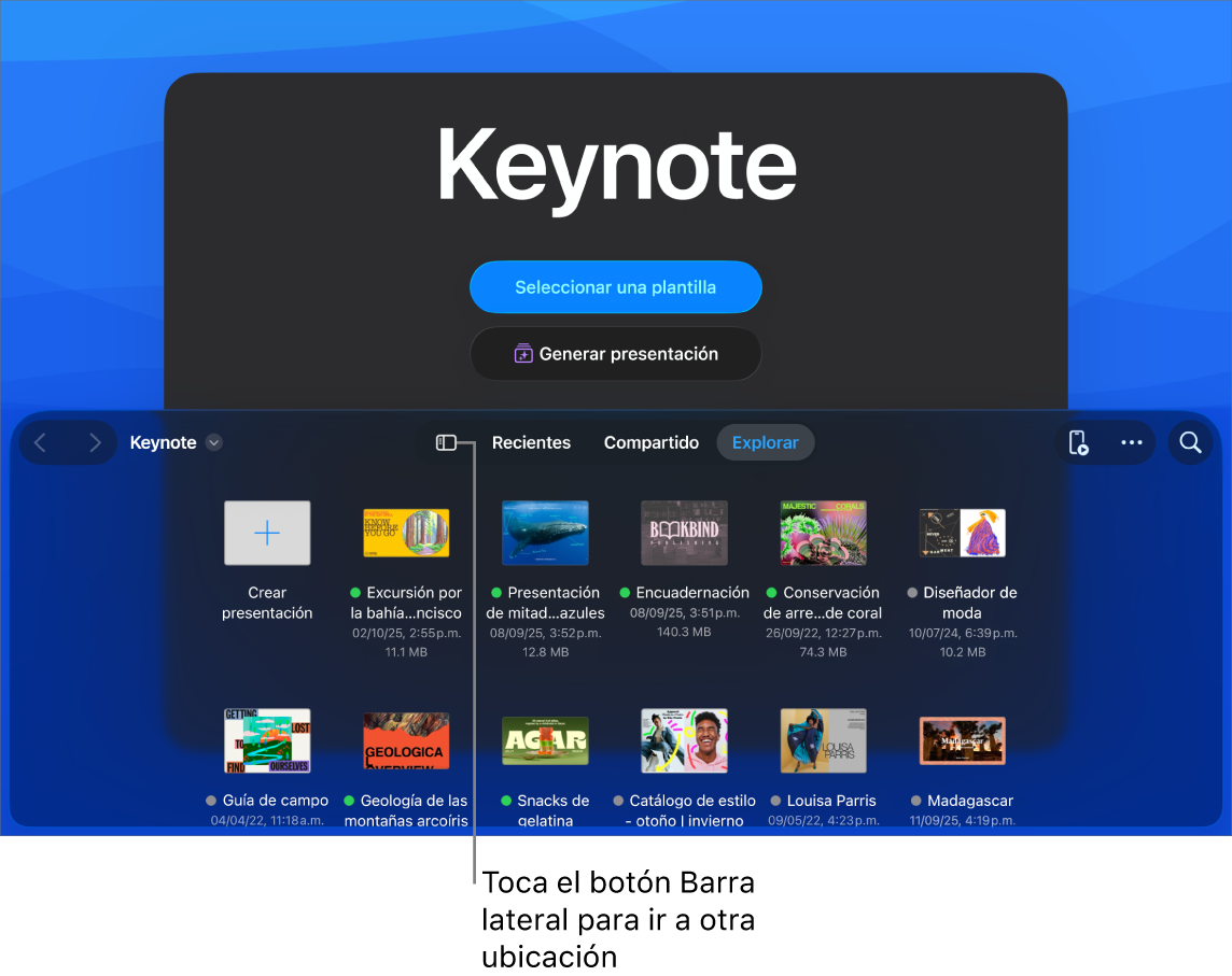 La vista de exploración del administrador de documentos con el botón Barra lateral en la esquina superior izquierda. En la parte superior derecha están el botón Agregar, el botón Nueva carpeta, el botón Íconos (para ordenar por nombre, fecha, tamaño o etiqueta), el botón Seleccionar y el botón Buscar. Debajo hay miniaturas de las presentaciones existentes.