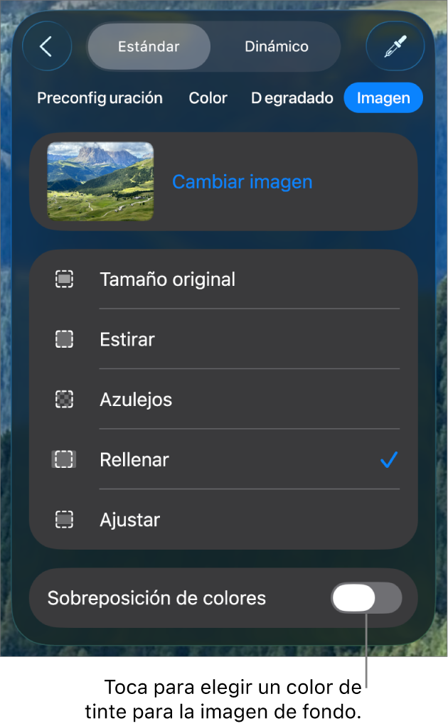 Los controles Fondo con una imagen establecida como fondo de la diapositiva y el control Sobreposición de colores en la parte inferior.