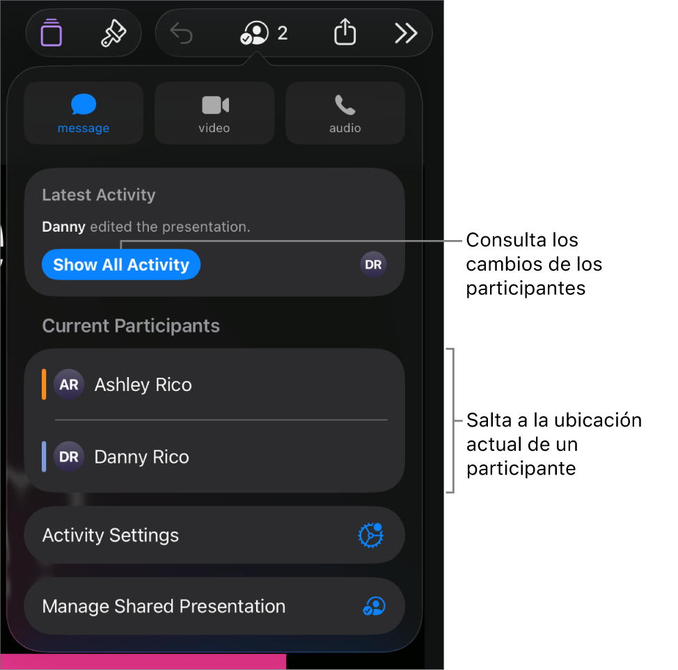 El menú de colaboración con los participantes actuales.