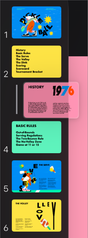 El navegador de diapositivas con una diapositiva sangrada y una línea a la izquierda.