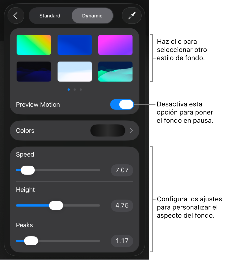 Los controles de fondo dinámico con las miniaturas de estilo de fondo, el botón “Previsualizar movimiento” y los controles de personalización.