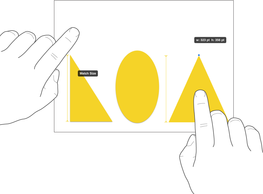 Toinen sormi on aivan kuvion yläpuolella ja toinen pitelee objektia, näytöllä näkyy Täsmää koko.