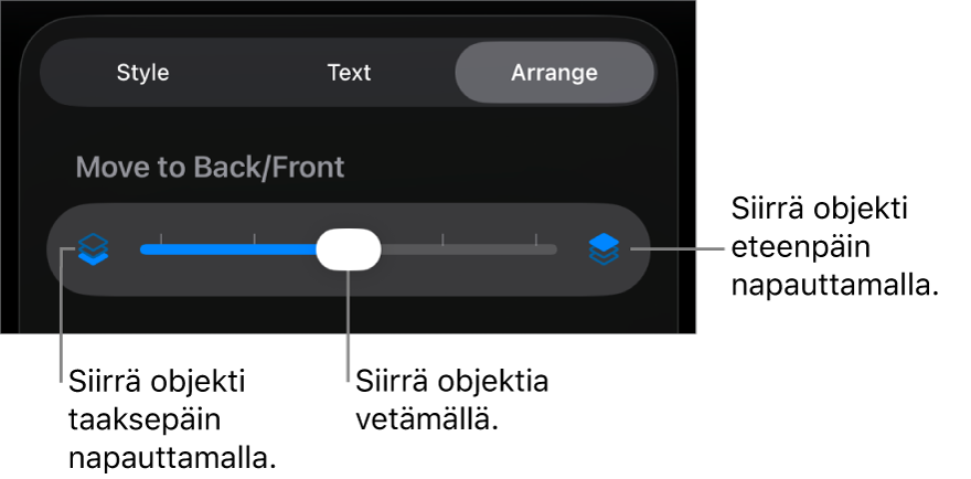 Siirrä taakse -painike, Siirrä eteen -painike ja kerrosliukusäädin.